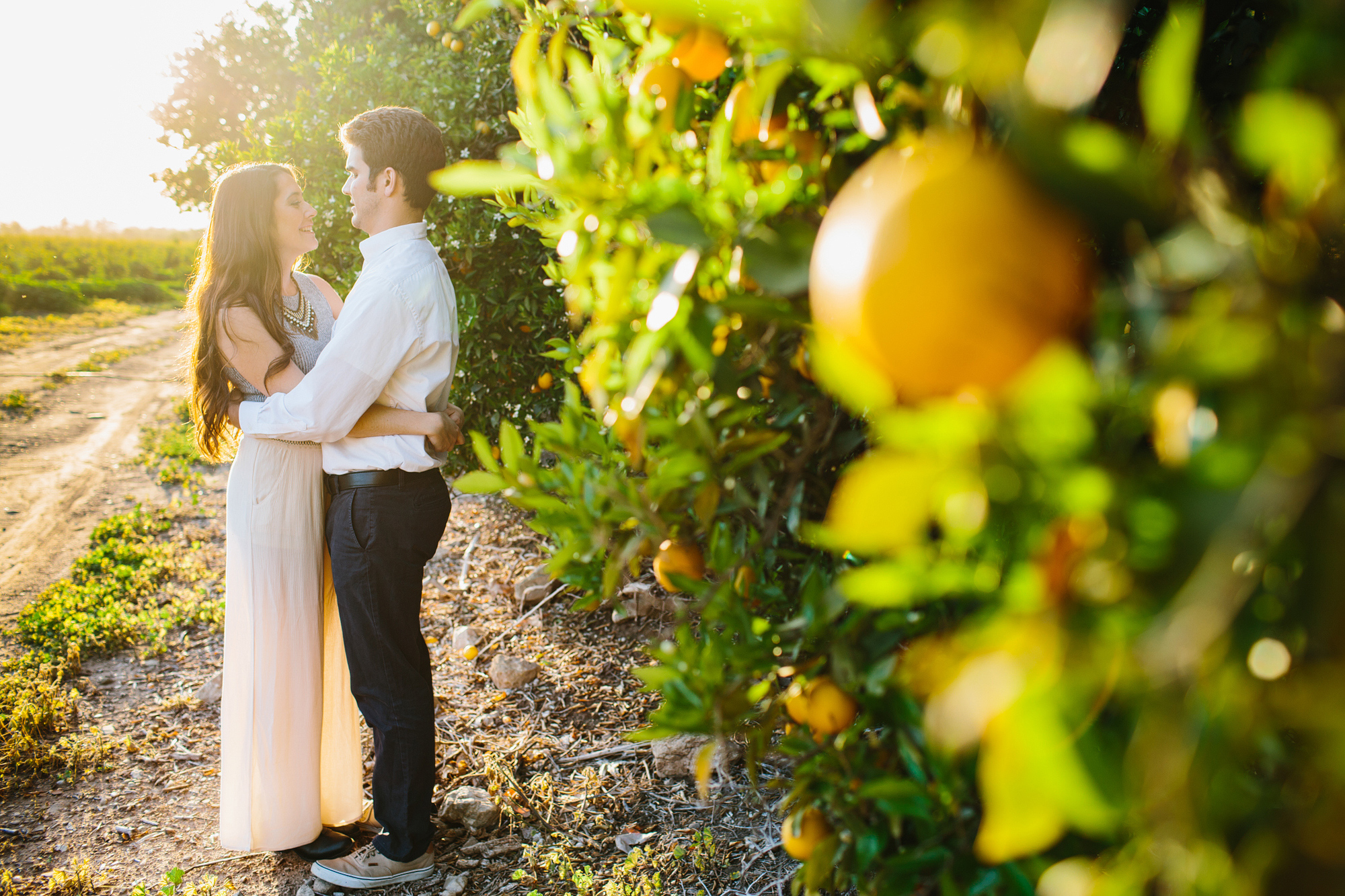 The couple by orange trees. 